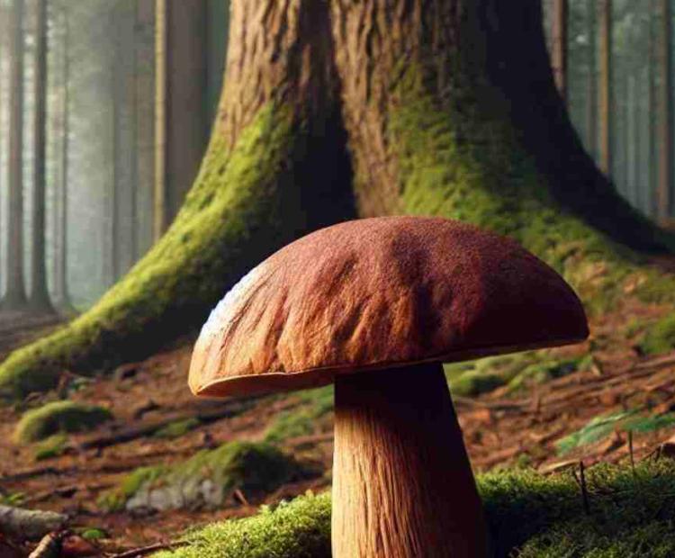 The largest mushroom ever seen, towering over the surrounding foliage in the deep woods.